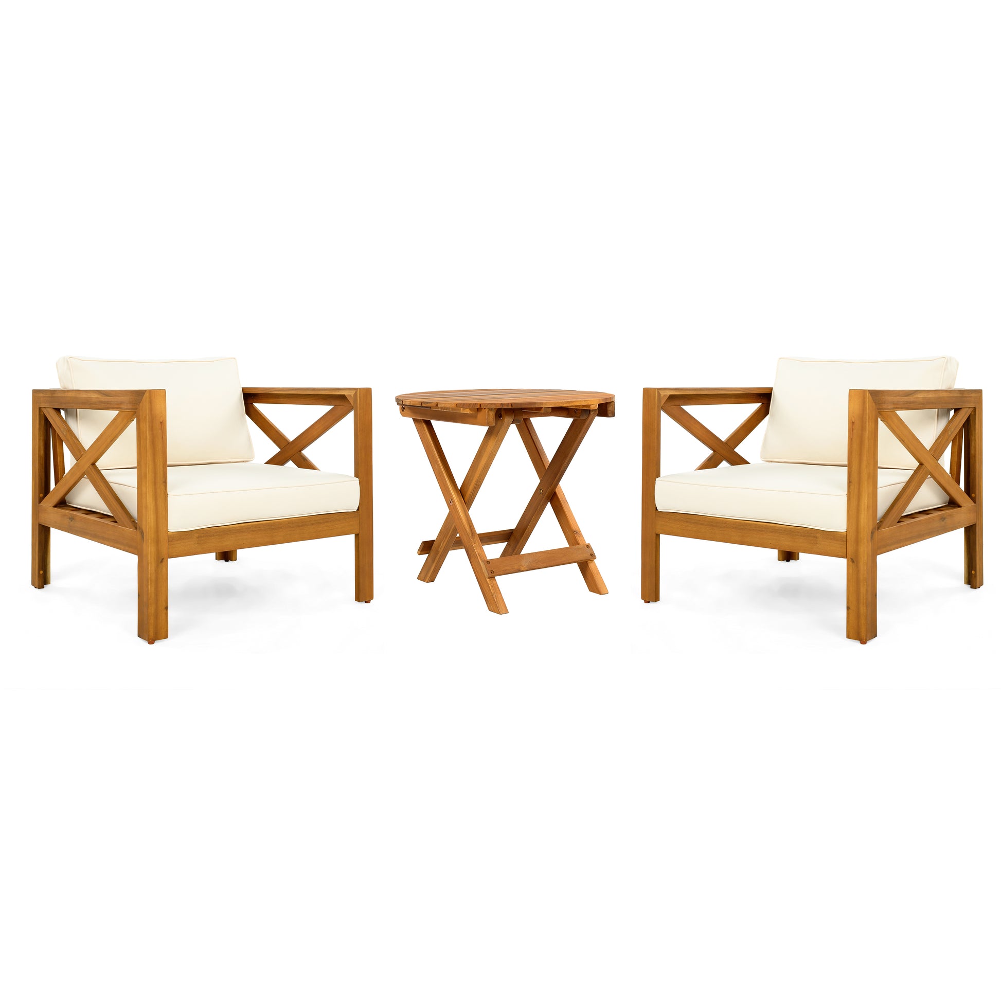 Beige Teak Patio Conversation Set - 2 Armchairs & Foldable Table