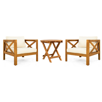 Beige Teak Patio Conversation Set - 2 Armchairs & Foldable Table