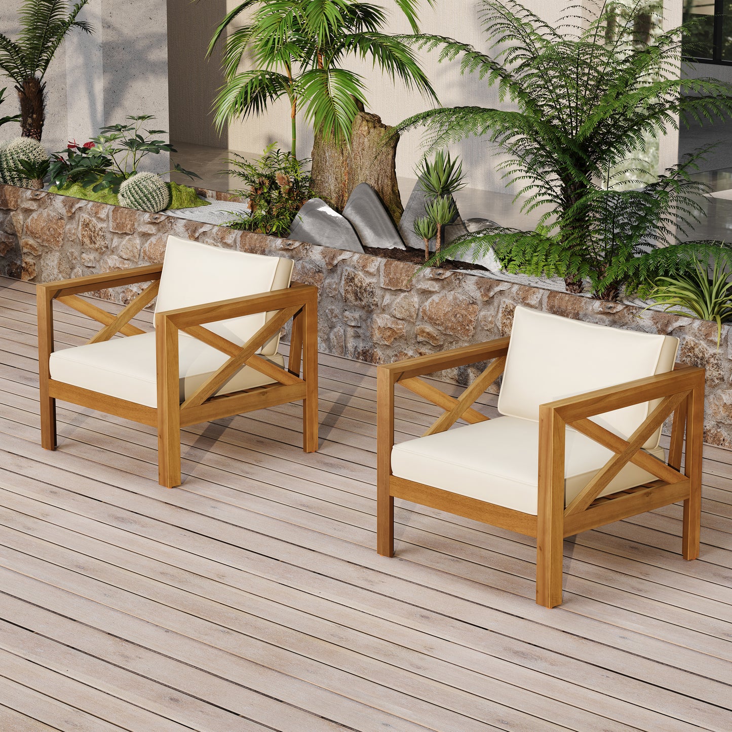 Beige Teak Patio Conversation Set - 2 Armchairs & Foldable Table