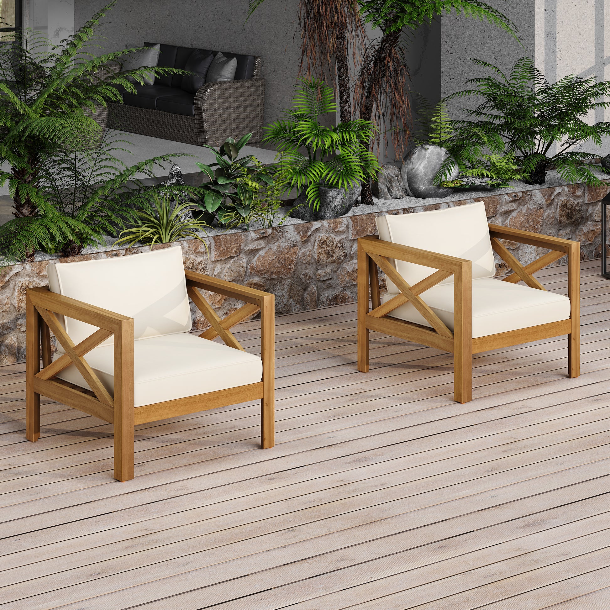 Beige Teak Patio Conversation Set - 2 Armchairs & Foldable Table