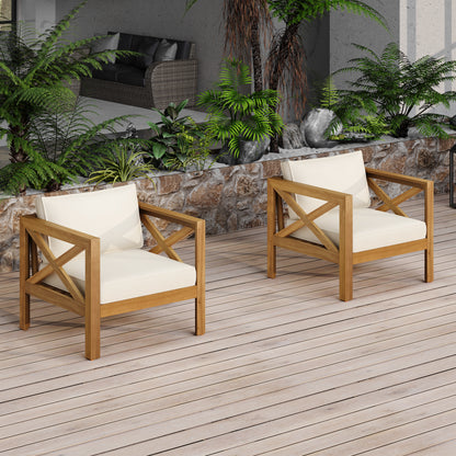 Beige Teak Patio Conversation Set - 2 Armchairs & Foldable Table
