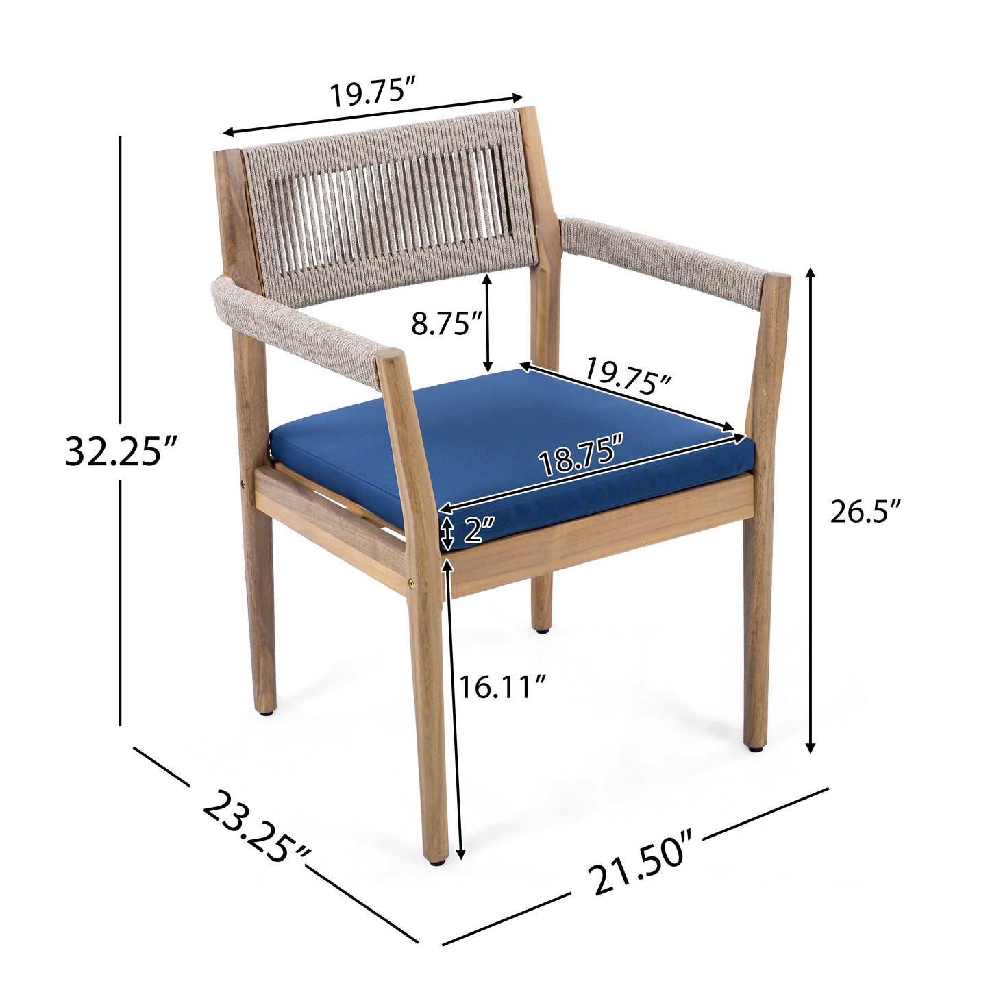 Navy Teak Acacia Wood Patio Chairs Set of 2 - Outdoor Dining Furniture