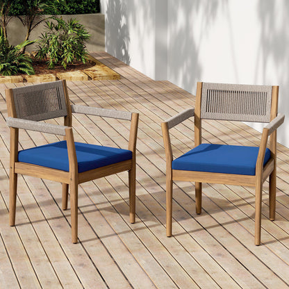 Braided Acacia Wood Outdoor Dining Chairs Set of 2 – Teak Look with Beige Rope & Navy Cushions, All-Weather Patio Furniture for Garden, Poolside, and Backyard (Durable & Stylish)