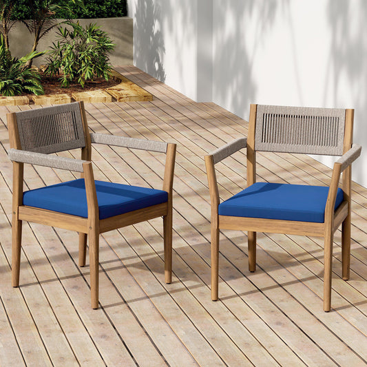 Braided Acacia Wood Outdoor Dining Chairs Set of 2 – Teak Look with Beige Rope & Navy Cushions, All-Weather Patio Furniture for Garden, Poolside, and Backyard (Durable & Stylish)