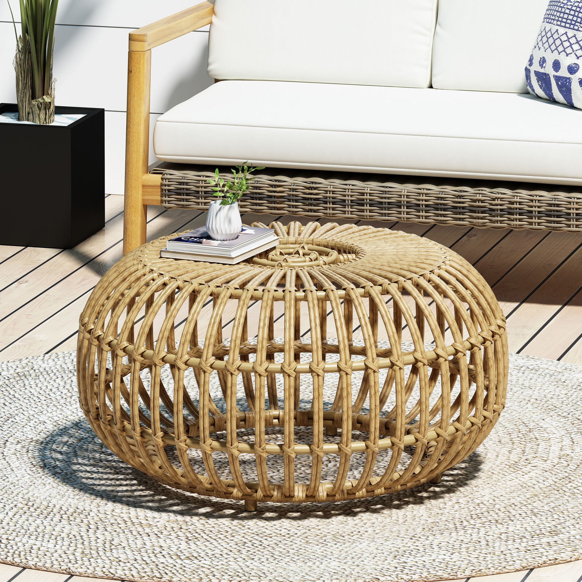 Light Brown Wicker Coffee Table - Boho Outdoor Side Table for Living Room, Patio &