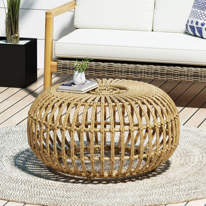 Light Brown Wicker Coffee Table - Boho Outdoor Side Table for Living Room, Patio &