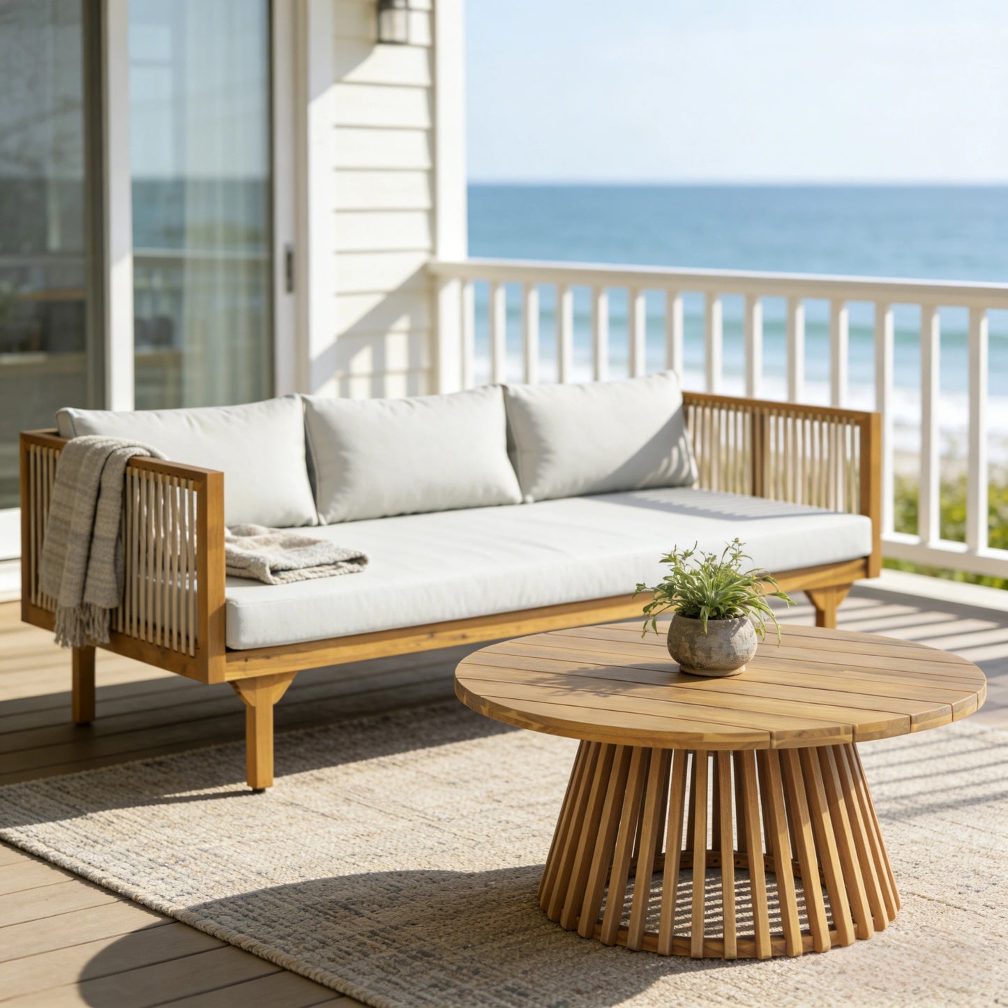 Light Brown Acacia Wood Patio Set - Sofa & Coffee Table