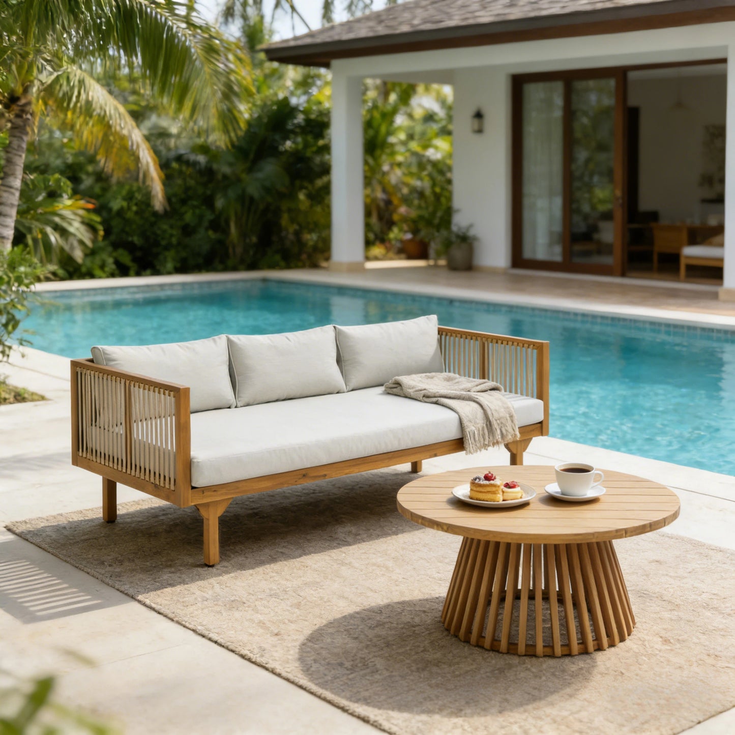 Light Brown Acacia Wood Patio Set - Sofa & Coffee Table