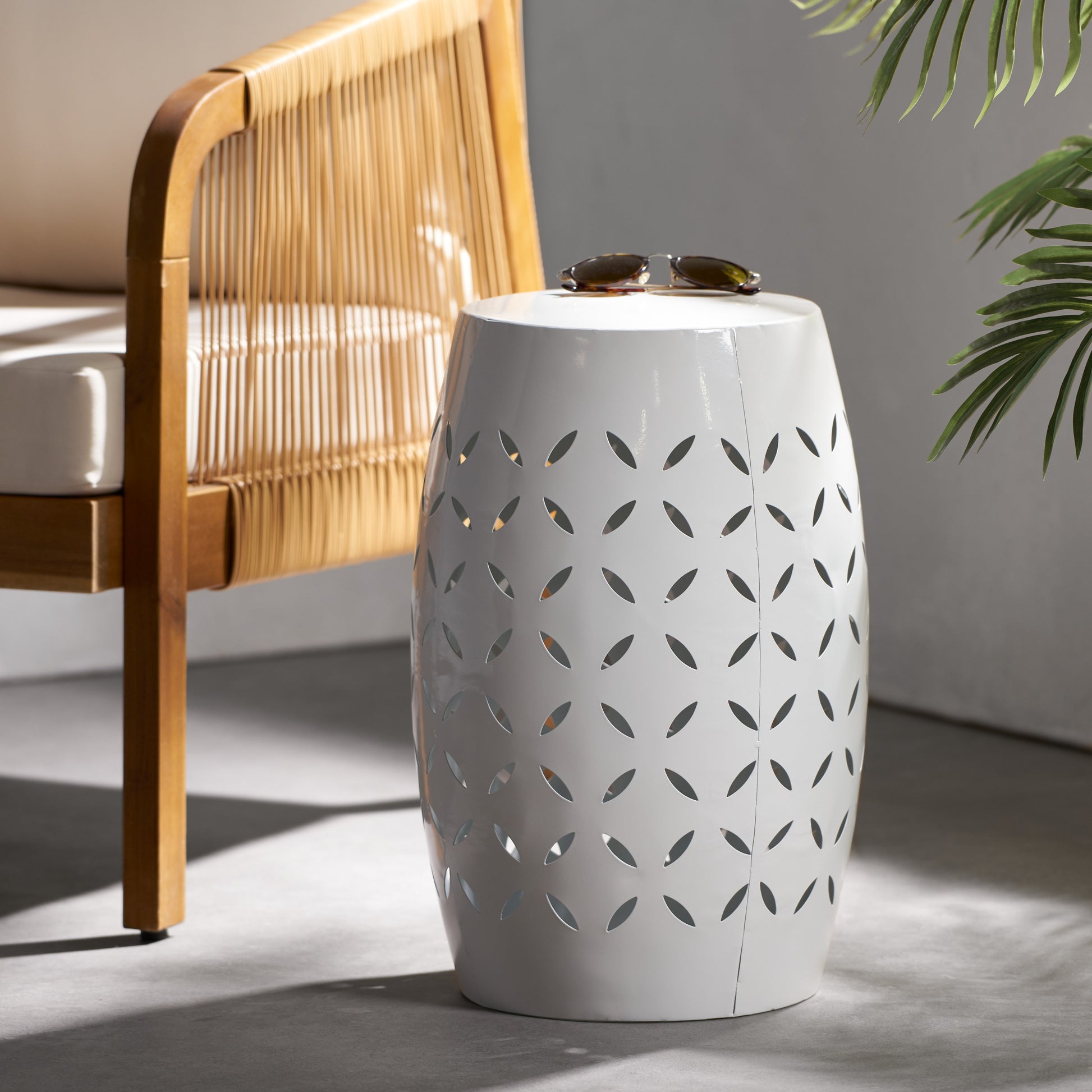 LILAC 12" Accent Side Table, Cylindrical Design End Table for Living Room, Family Room, or Entryway, Industrial Style,Coffee Side Tables for Indoor Outdoor, White Color