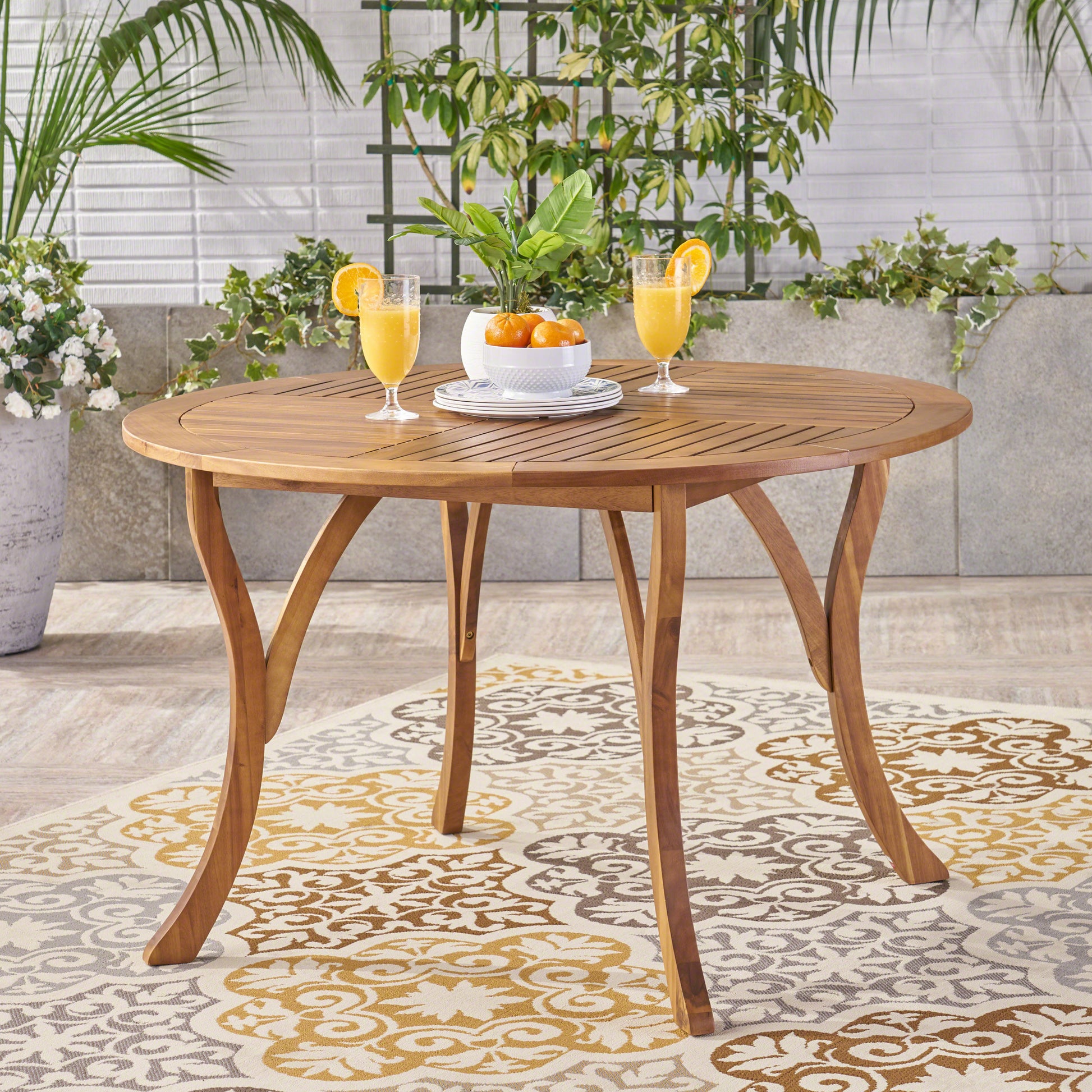 47.25" Round Acacia Wood Dining Table with Teak Finish, Weather-Resistant Slatted Patio Table for Outdoor & Indoor Use