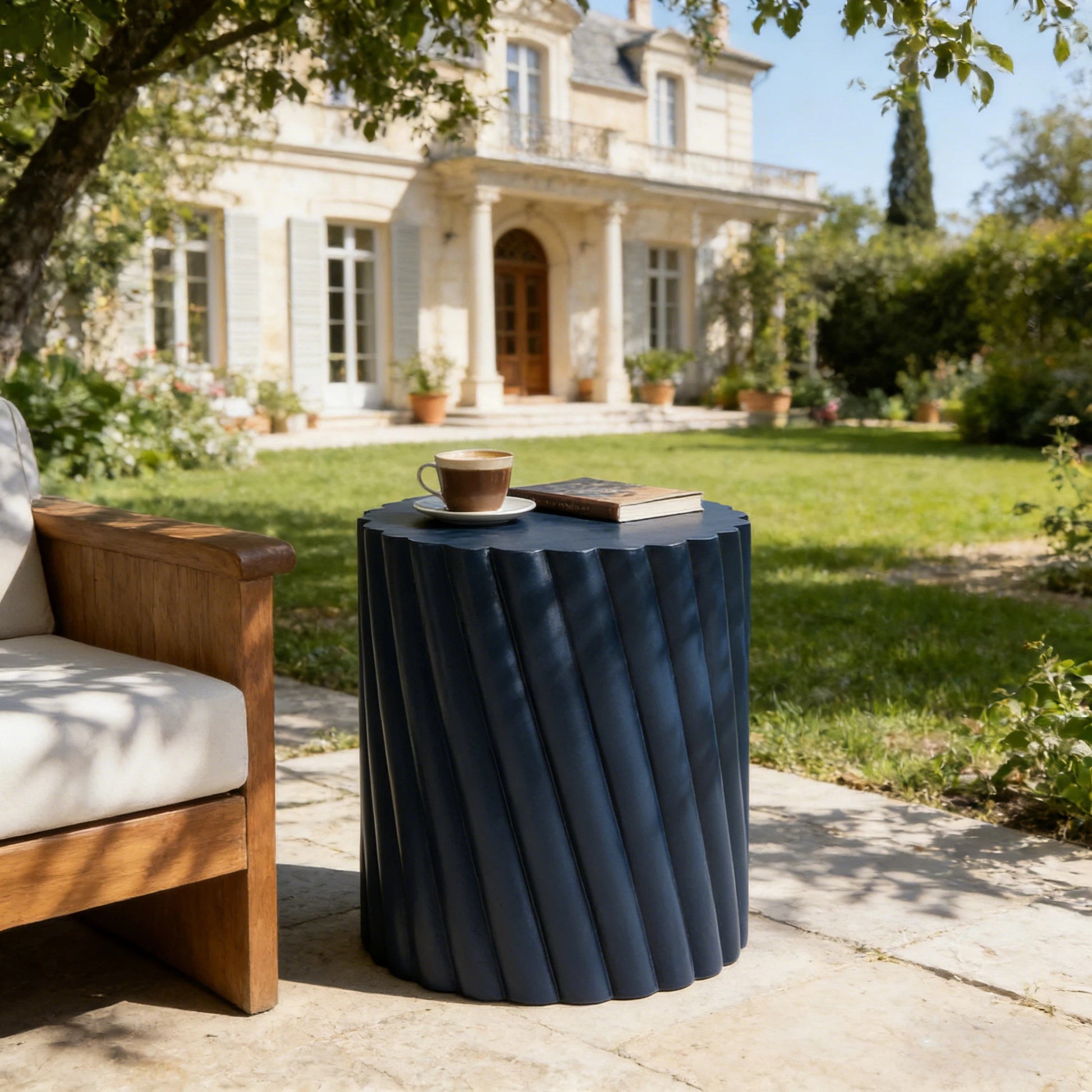 Modern Navy Blue Outdoor Table with Fluted Design - 16.02" Diameter, 18.31" H, MGO Material, 250 lbs Capacity, Assembly-Free Accent Table or Seat for Patio, Garden, or Balcony
