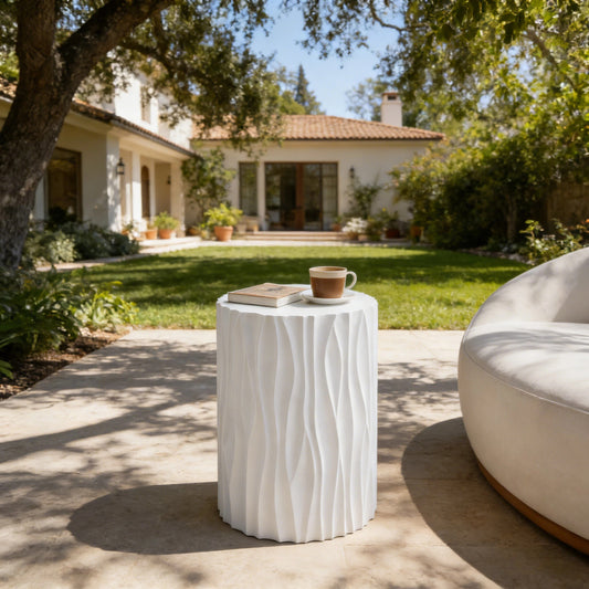 Modern White Outdoor Side Table with Wavy Fluted Design - 15.75" Round, 21.97" H, MGO Material, 66 lbs Capacity, Assembly-Free for Patio, Garden, or Balcony