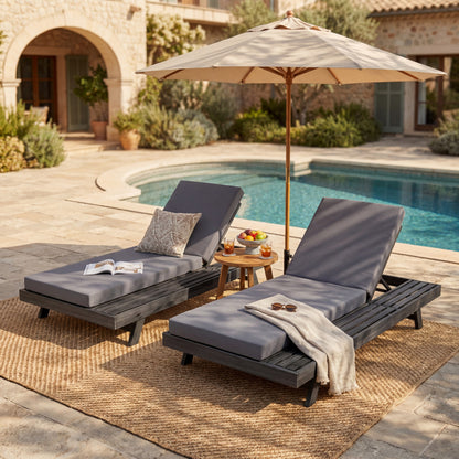 Black Acacia Wood Chaise Lounge Set - Outdoor Patio Furniture