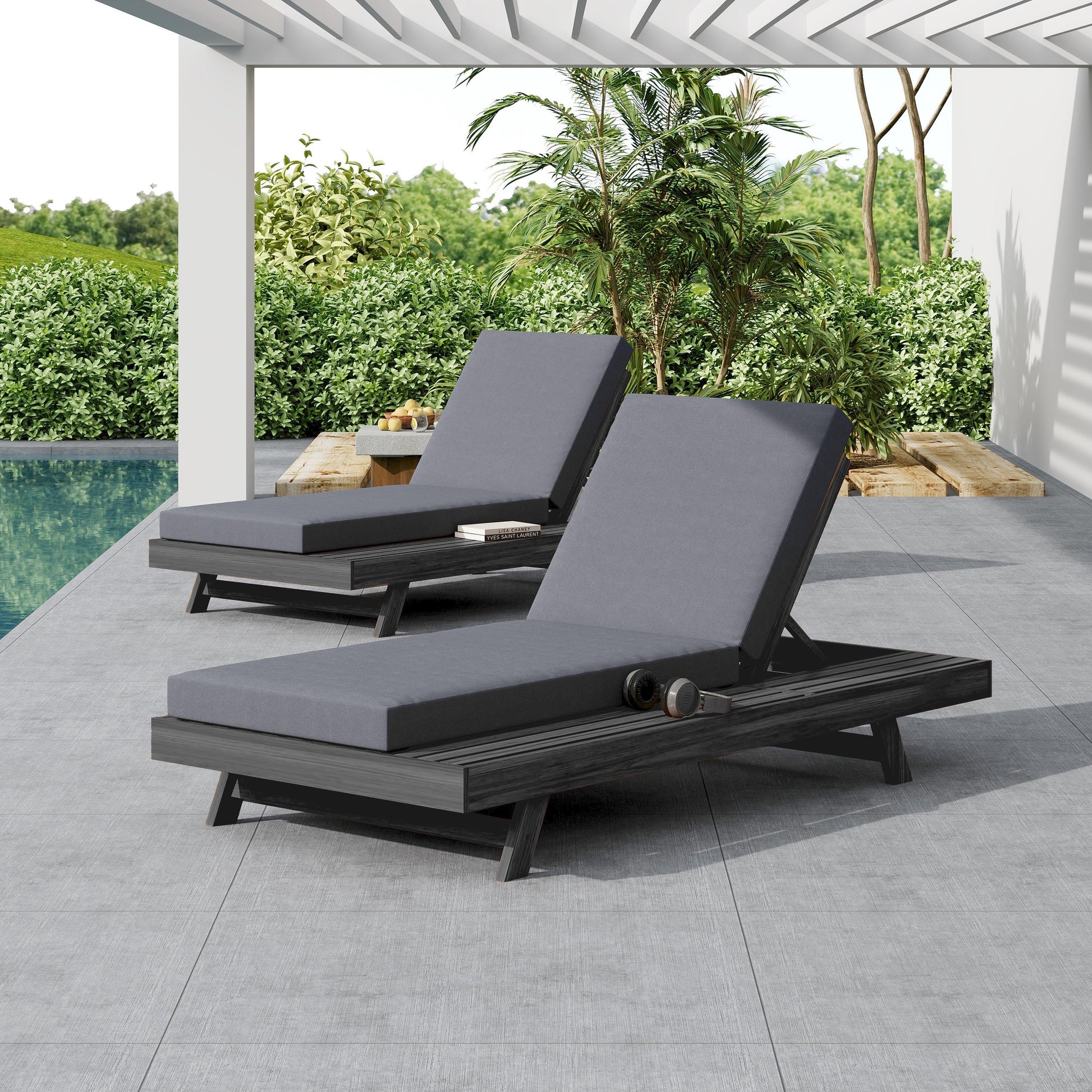 Black Acacia Wood Chaise Lounge Set - Outdoor Patio Furniture