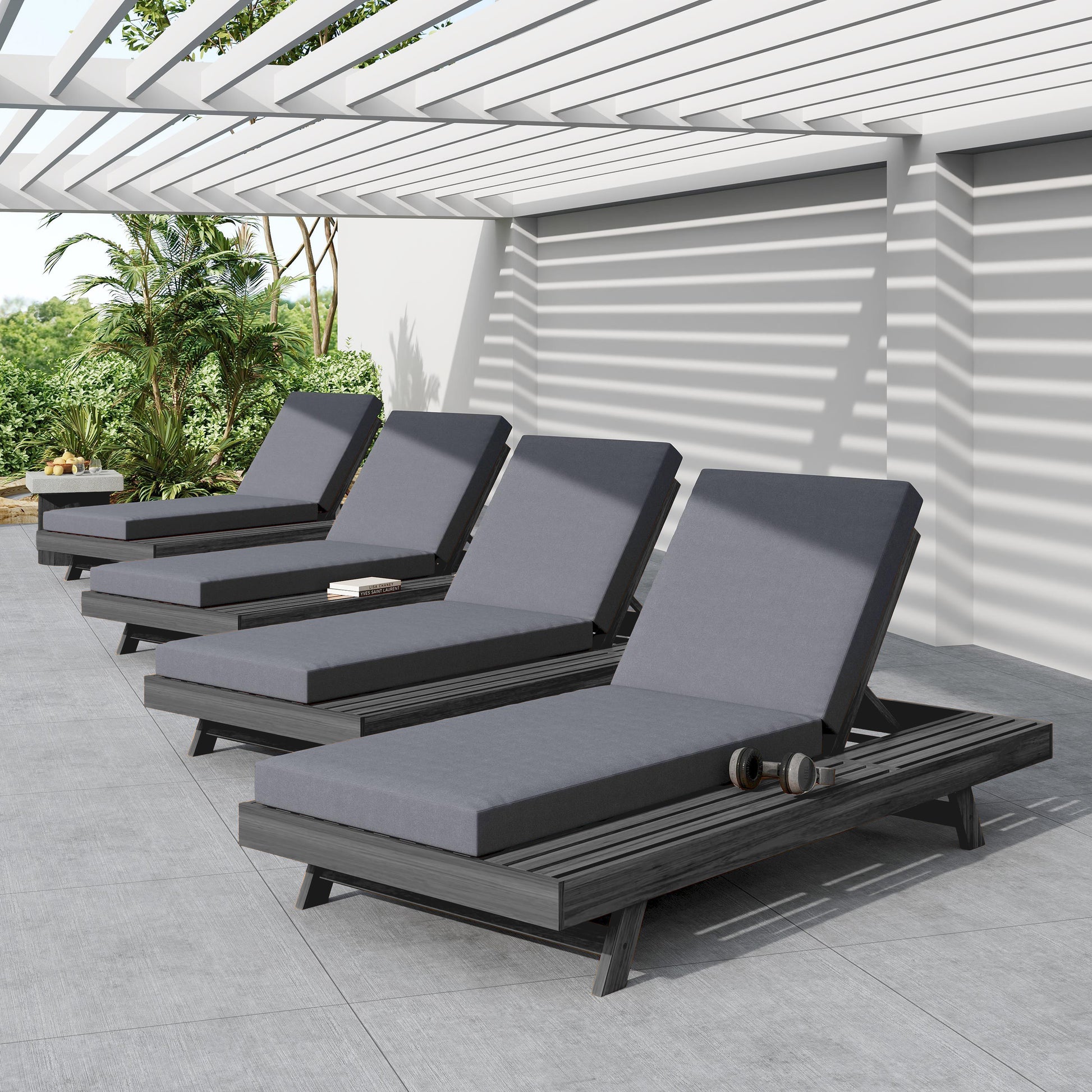 Black Acacia Wood Chaise Lounge Set - Outdoor Patio Furniture