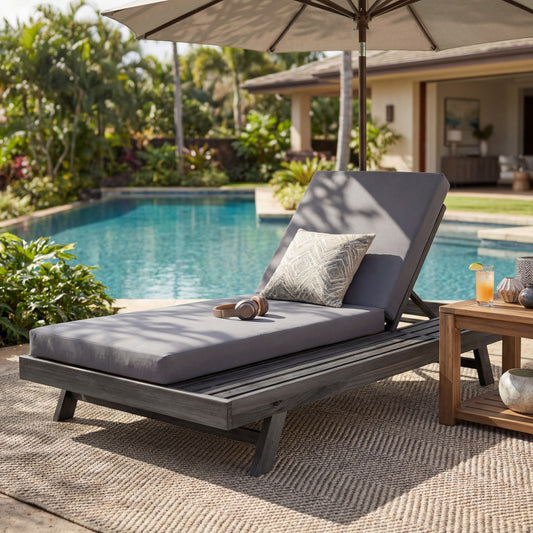 Lounge Chaise Set, Space Available On One Side, Acacia Wood In Black With Water-Resistant Lounge Cushions (Dark Grey & 4 Inch Thick) – Matching Cream Version Available
