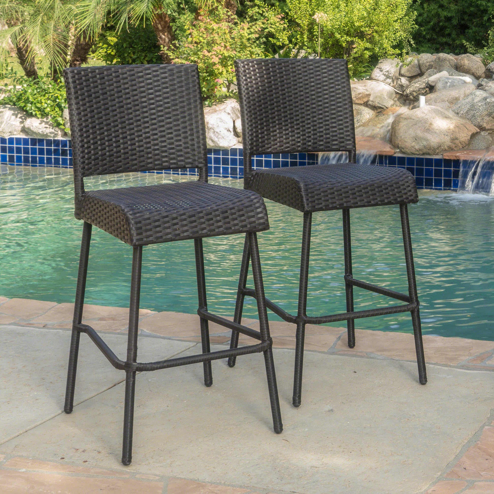 Dark Brown 2-Person Rattan Patio Barstool Set