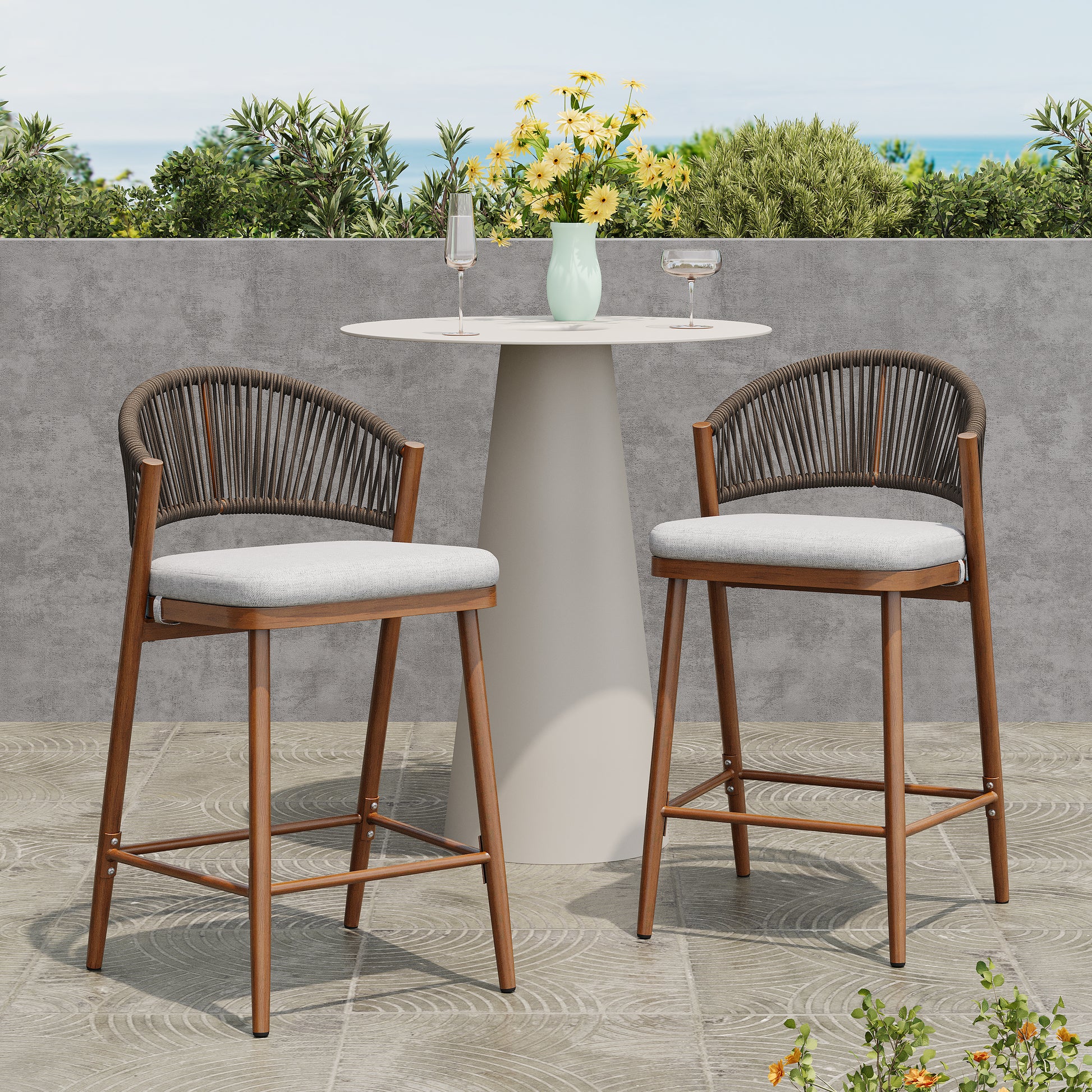 Outdoor 26" Seat Height Aluminum Frame Counter Stools with PE Rattan Scallop-shaped Backrest, Set of 2, Teak Finish