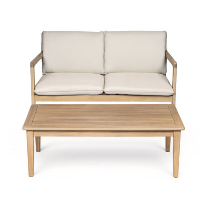 Outdoor Acacia Wood Loveseat with Coffee Table, Light Teak Frame, Beige Cushion