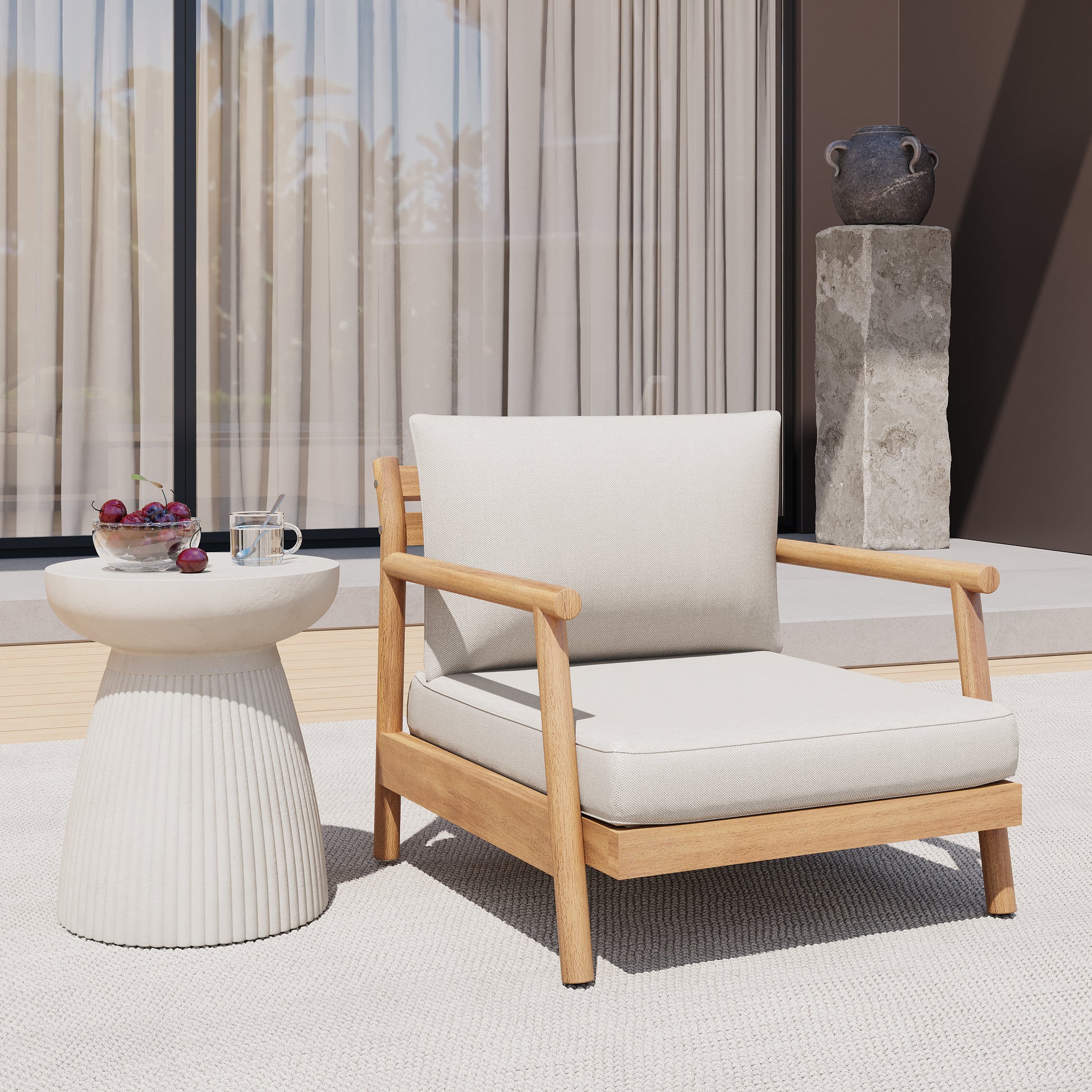 Acacia Wood Patio Club Chair with Beige Cushion for Garden Seating