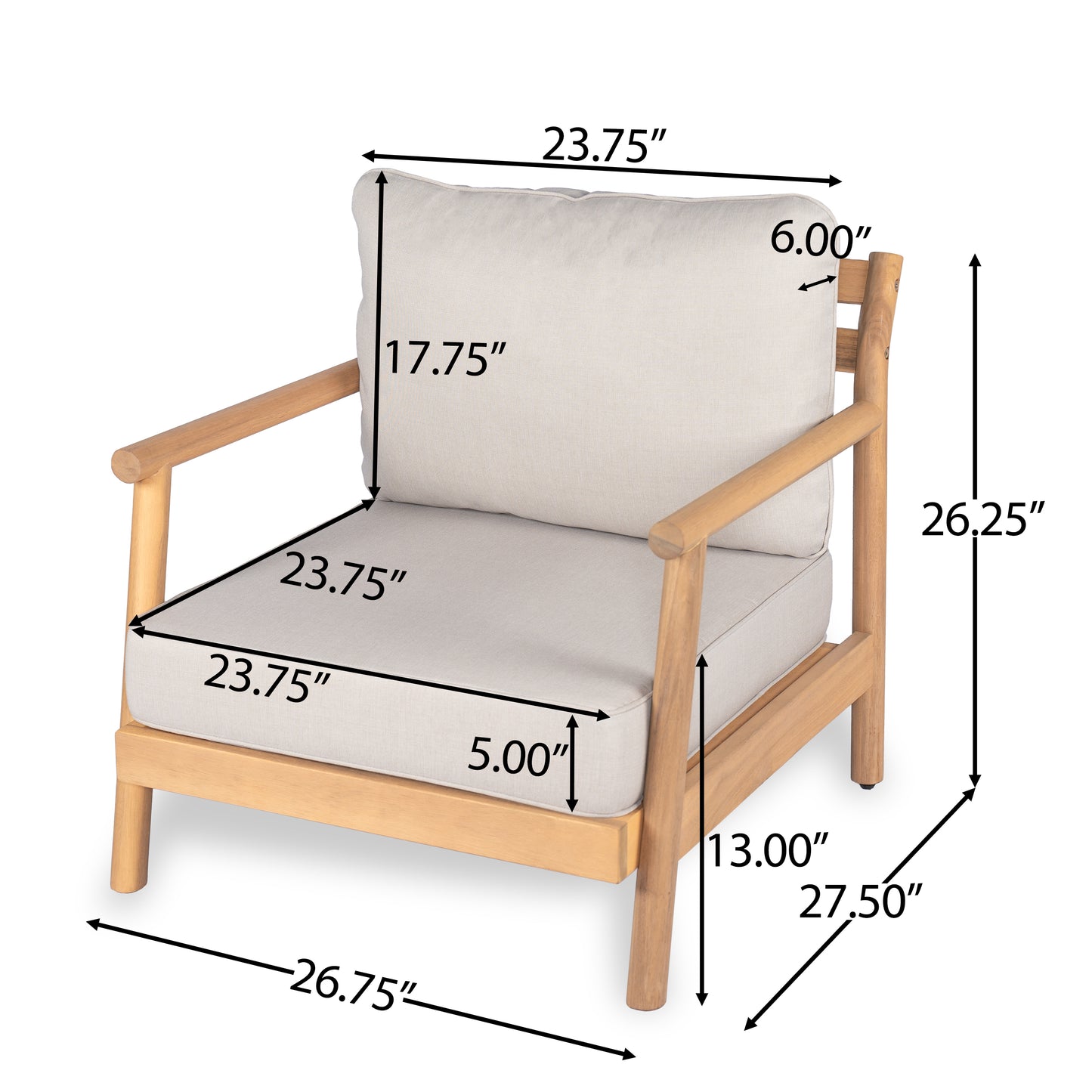 Acacia Wood Patio Club Chair with Beige Cushion for Garden Seating
