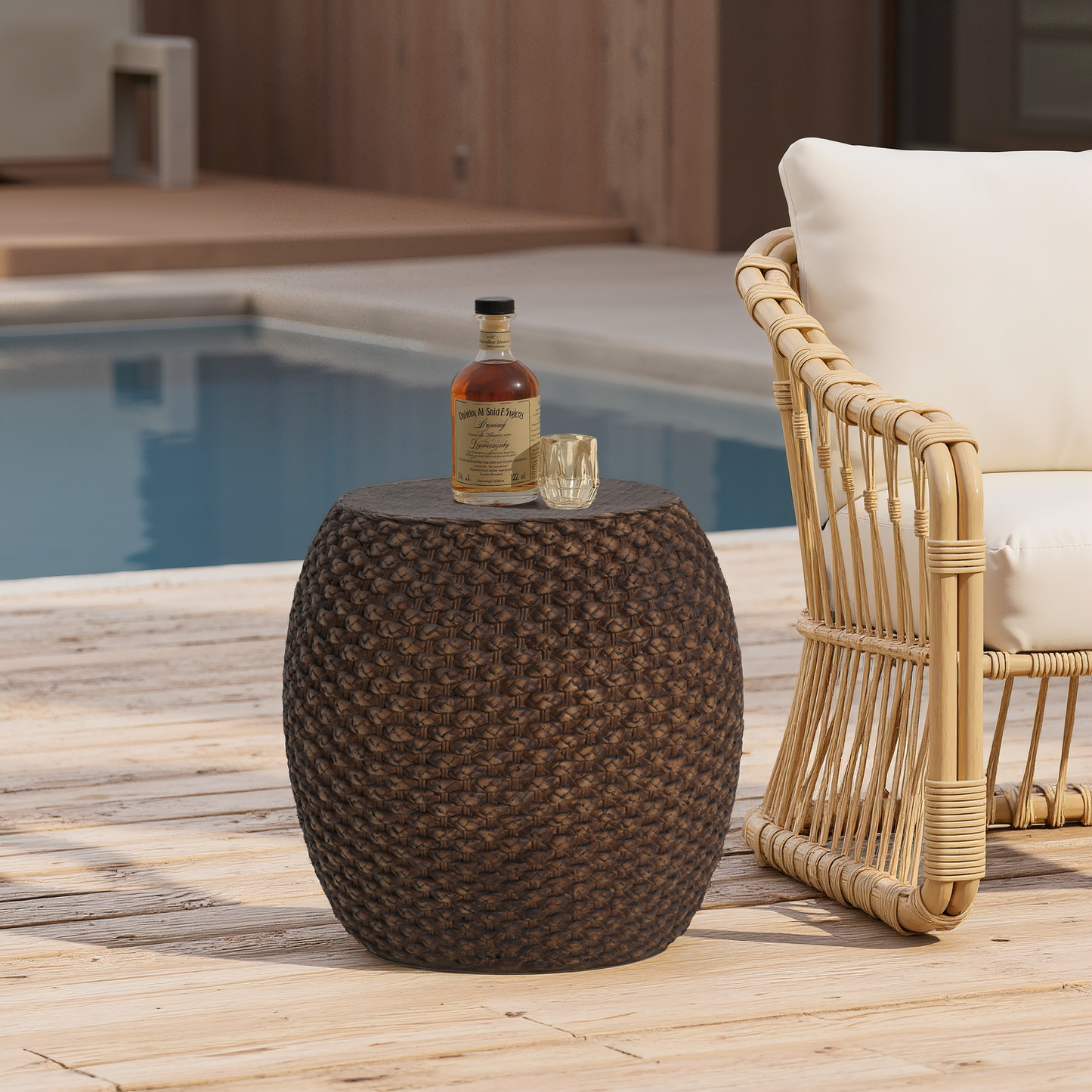 Faux Rattan Side Table - Brown Magnesium Oxide Outdoor Table