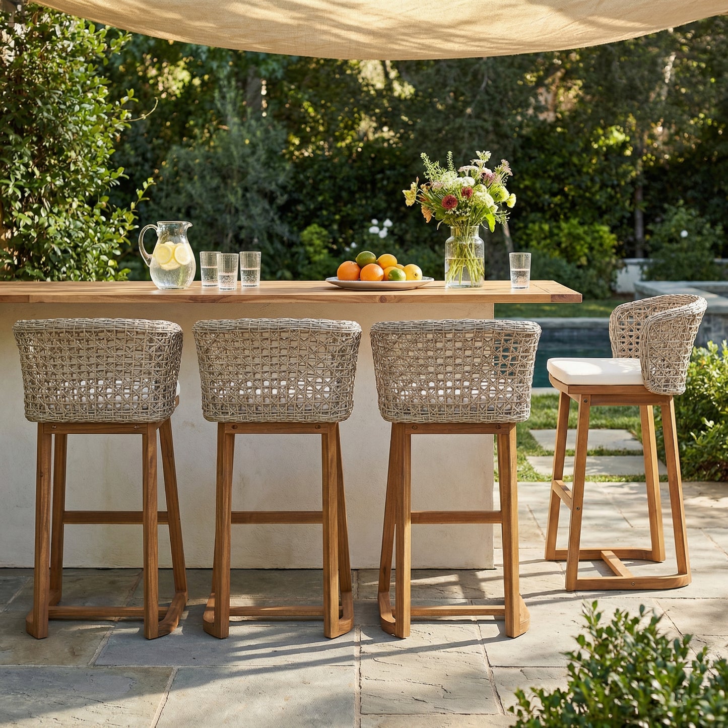 Outdoor Acacia Wood Bar Stools with Wicker Back for Poolside Seating