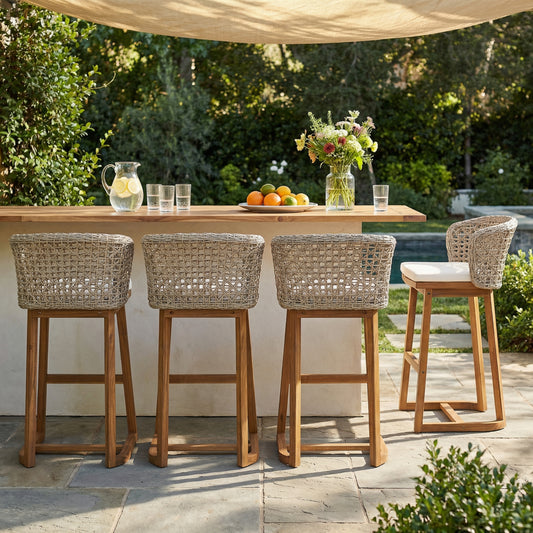 Outdoor Acacia Wood Bar Stools with Wicker Back for Poolside Seating