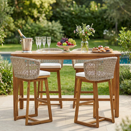 Outdoor Acacia Wood Bar Stools with Wicker Back for Poolside Seating