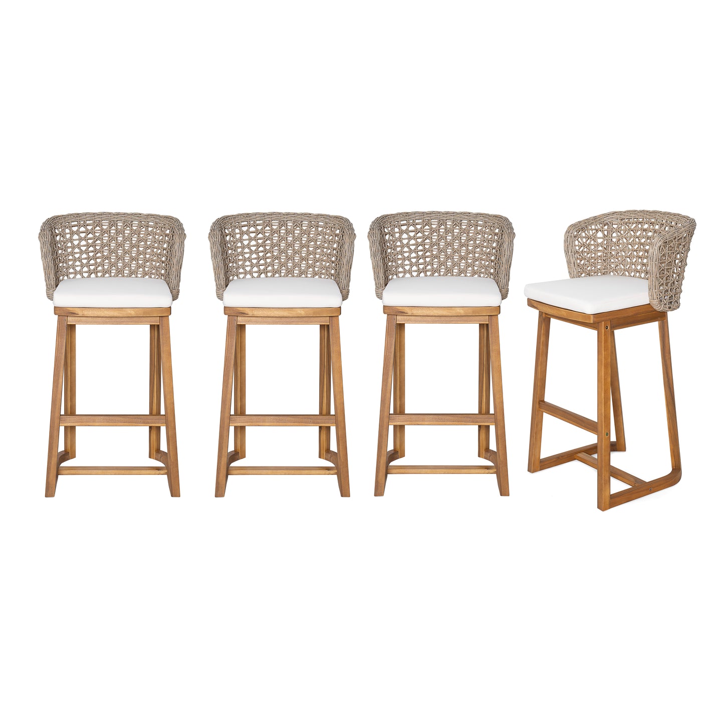 Outdoor Acacia Wood Bar Stools with Wicker Back for Poolside Seating