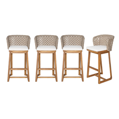 Outdoor Acacia Wood Bar Stools with Wicker Back for Poolside Seating