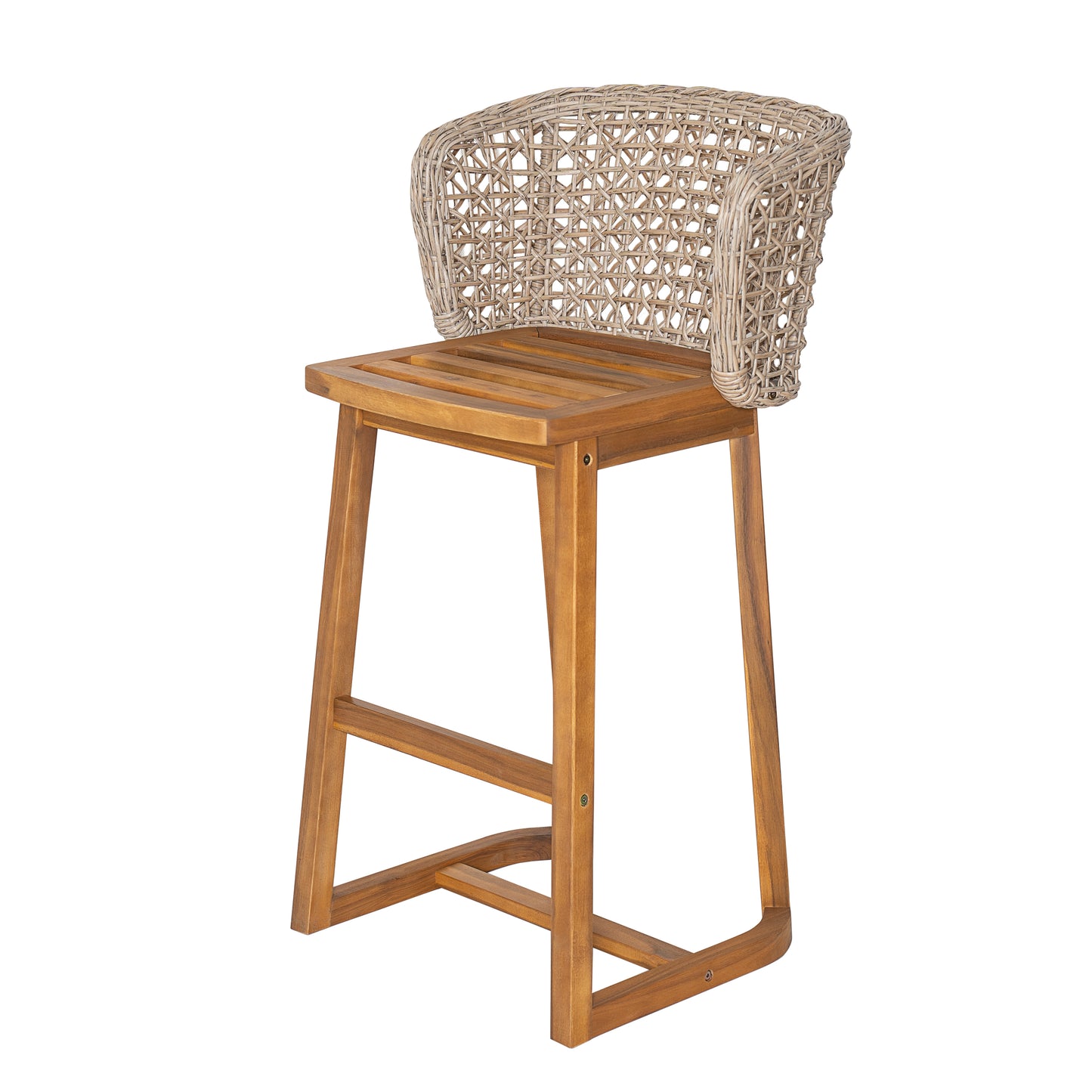 Outdoor Acacia Wood Bar Stools with Wicker Back for Poolside Seating