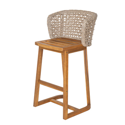 Outdoor Acacia Wood Bar Stools with Wicker Back for Poolside Seating