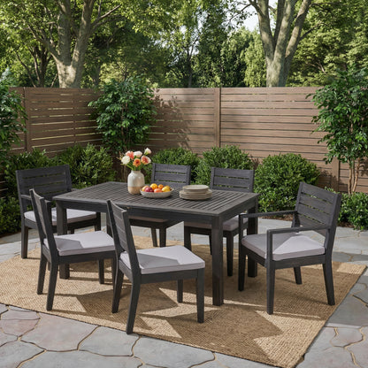 Outdoor Acacia Wood 7 Piece Expandable Dining Set, Sandblasted Dark Gray and Light Gray