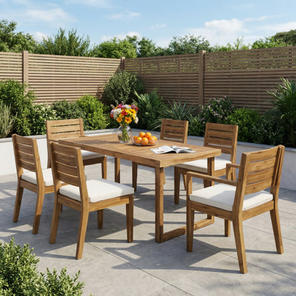 Outdoor Acacia Wood 7 Piece Dining Set with Cushions, Sandblasted Natural and Beige