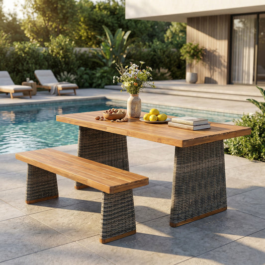 Outdoor Acacia Wood Dining Table Set with 1 Table and 1 Bench,Grey