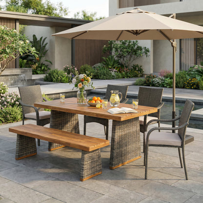 6 Pcs Outdoor Acacia Wood Dining Set with PE Rattan Stacking Chair,Grey