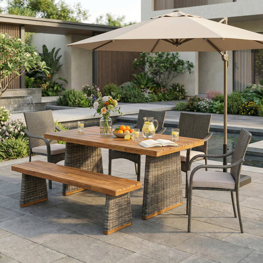 6 Pcs Outdoor Acacia Wood Dining Set with PE Rattan Stacking Chair,Grey