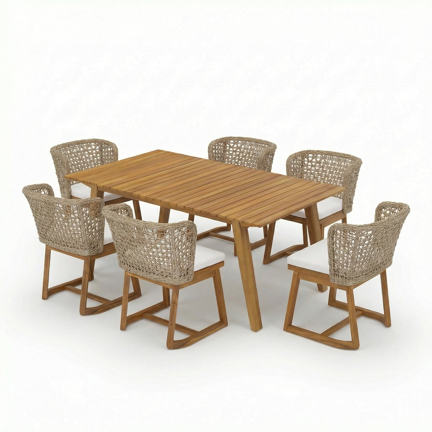 69" Outdoor Acacia Wood Dining Set - 7 Piece Patio Furniture, Beige Cushions