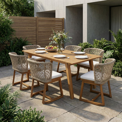 69" Outdoor Solid Wood Dining Set for 6, 7-Piece Patio Furniture Set with Acacia Wood Table and Chairs, Teak Finish, Wicker Back, Beige Cushions, Weather Resistant for Backyard Garden