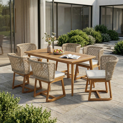7-Piece Outdoor Patio Dining Set, Acacia Wood Table & 6 Wicker Dining Chairs with Beige Cushions, Teak Finish Weather Resistant Patio Furniture Set for Garden, Backyard, Porch