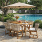 Outdoor 7-Piece Dining Set – 59" Rectangular Solid Wood Table (Teak Finish) + 6 Acacia Chairs with Beige Cushion & Multi-Light Brown Wicker Back, Weather Resistant for Garden, Backyard, Patio