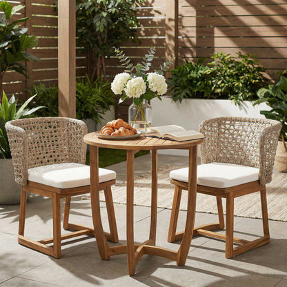 3-Piece Outdoor Dining Set, 27.5" Teak Finish Acacia Wood Round Accent Table & 2 Wicker Back Dining Chairs with Beige Cushion, Weather Resistant for Garden, Backyard, Patio