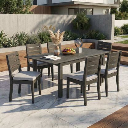 7-Piece Outdoor Dining Set, Extendable Acacia Wood Patio Table with Umbrella Hole, 6 Water-Repellent Cushion Dining Chairs (2 Armchairs + 4 Armless Chairs), Sandblast Dark Grey Finish