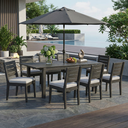 9-Piece Outdoor Dining Set, Extendable Acacia Wood Patio Table with Umbrella Hole, 8 Water-Repellent Cushion Armless Dining Chairs, Sandblast Dark Grey Finish, for Garden, Backyard, Poolside, Balcony