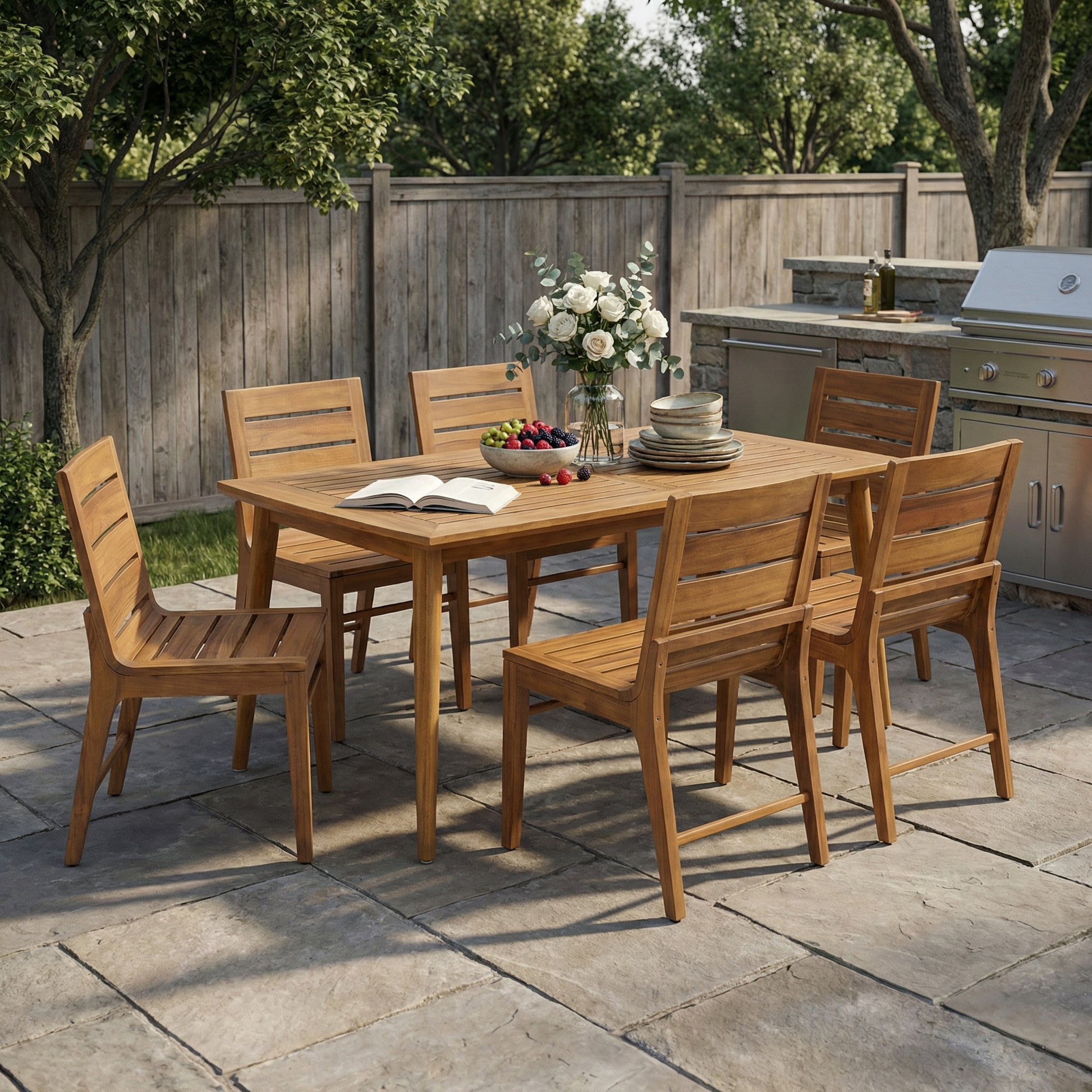7 Piece Outdoor Acacia Wood Dining Set, 71" Teak Finish Rectangular Table with 6 Slatted Back Chairs, Curved Ergonomic Backrest Patio Furniture for Garden, Backyard
