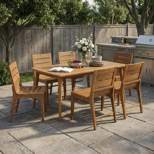 7 Piece Outdoor Acacia Wood Dining Set, 71" Teak Finish Rectangular Table with 6 Slatted Back Chairs, Curved Ergonomic Backrest Patio Furniture for Garden, Backyard