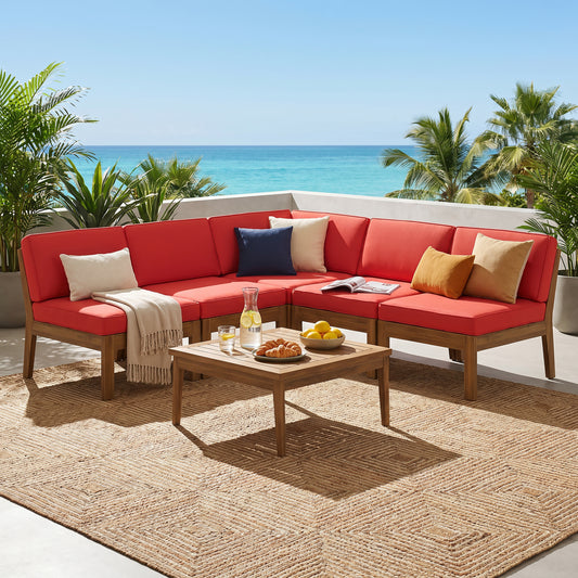 GRENADA 5 SEATER ACACIA WOOD SECTIONAL ARMLESS SOFA SET, TEAK+RED