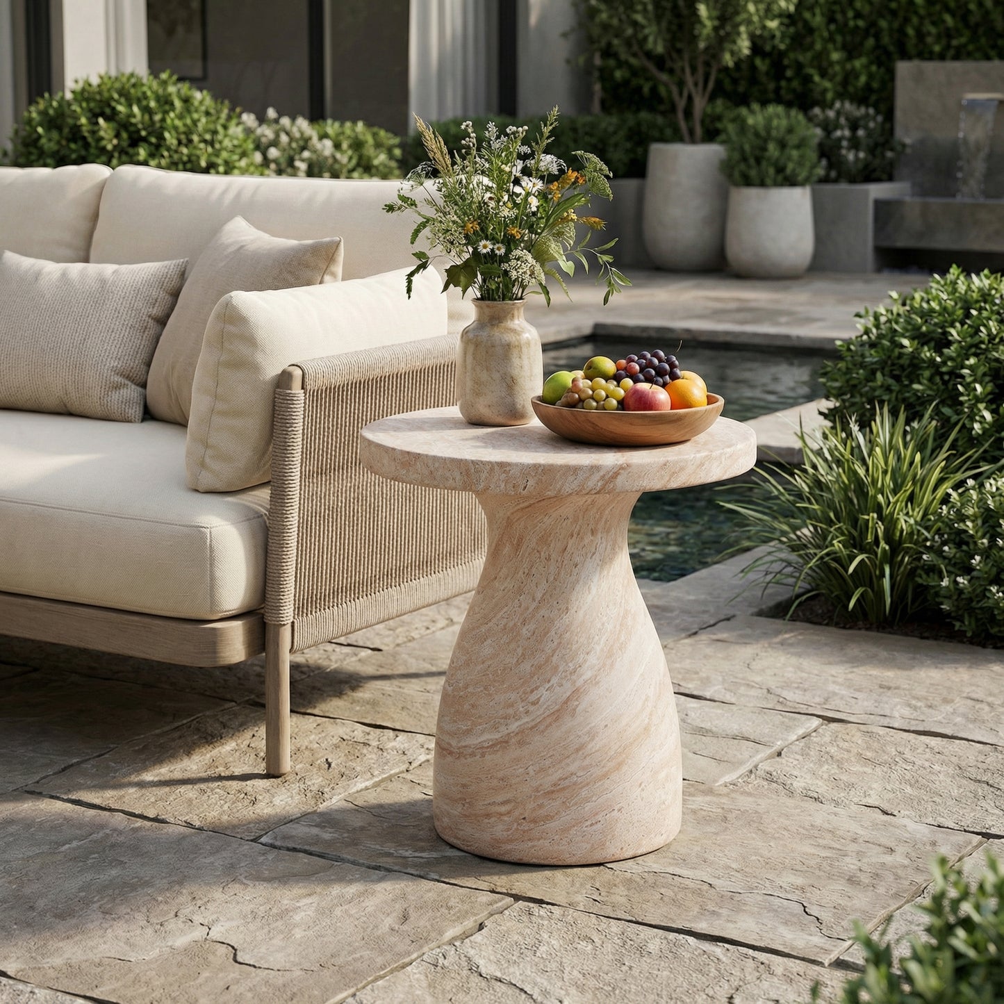 Beige Concrete Side Table - Outdoor Patio Table