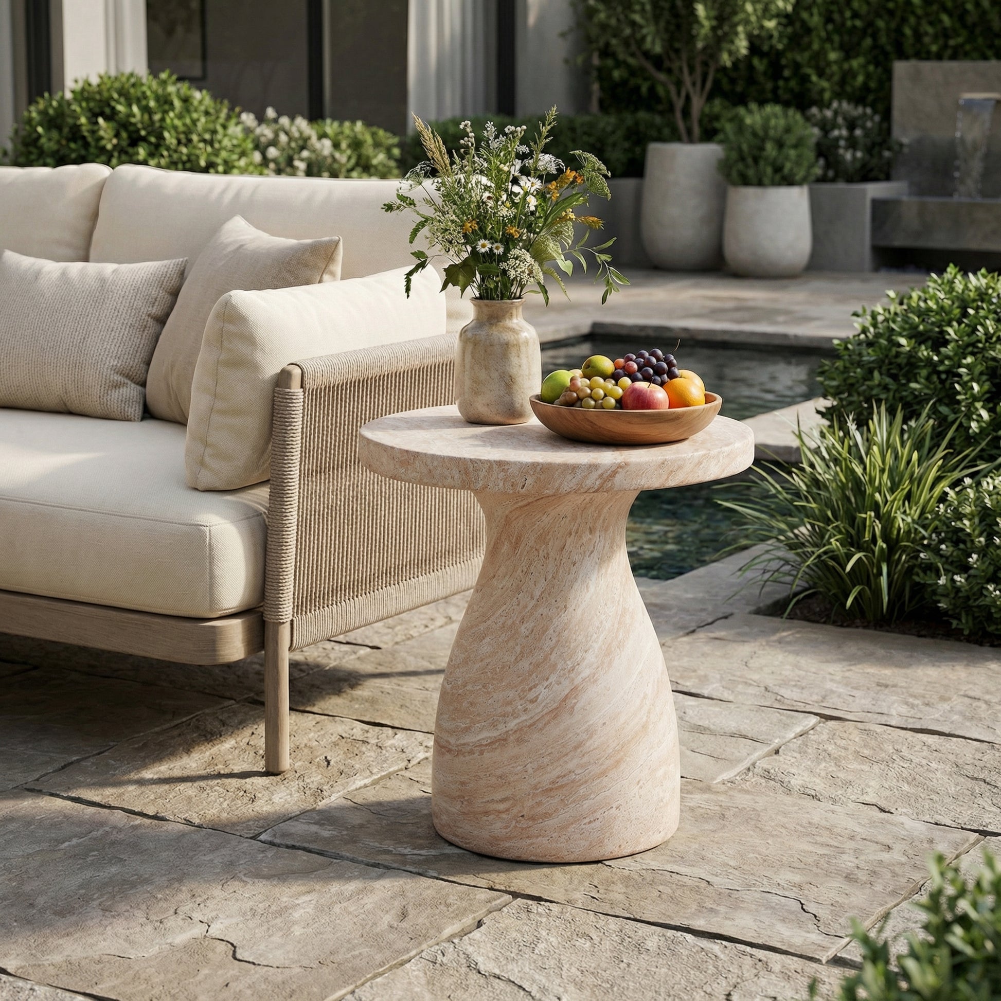 Beige Concrete Side Table - Outdoor Patio Table